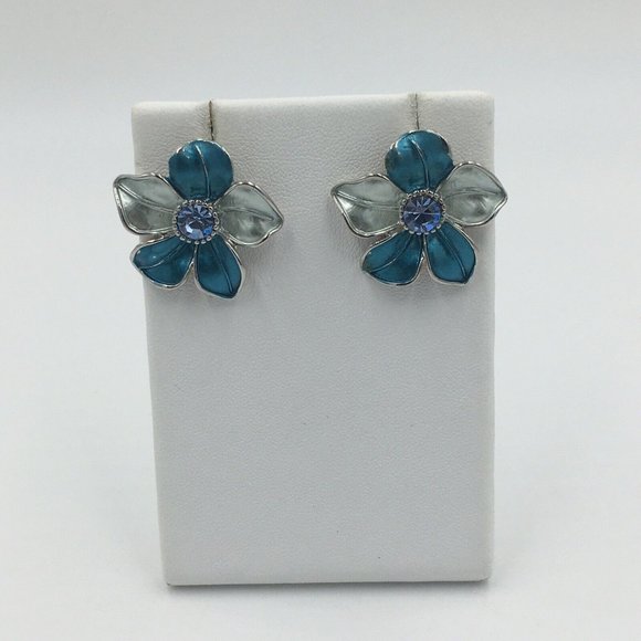 Blue & Silver Enamel FLOWER EARRINGS, Lavender Purple CENTER RHINESTONE - Picture 3 of 6